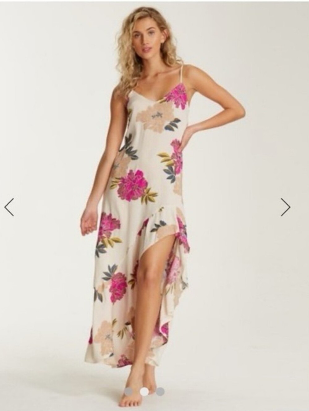Billabong Kick It Up Floral M Dress High Low Ruffle Size Medium Ivory Magenta